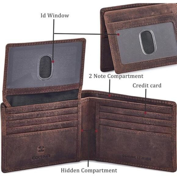 Men's RFID Blocking Real Leather Bifold Stylish 2 ID Window - Picture 4 of 6